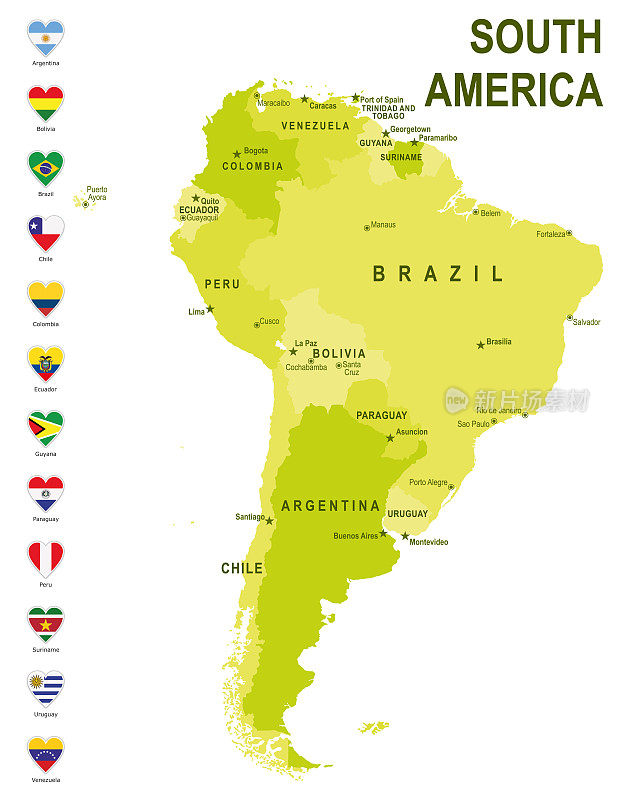 南美洲的绿色地图与白色背景的心形旗帜