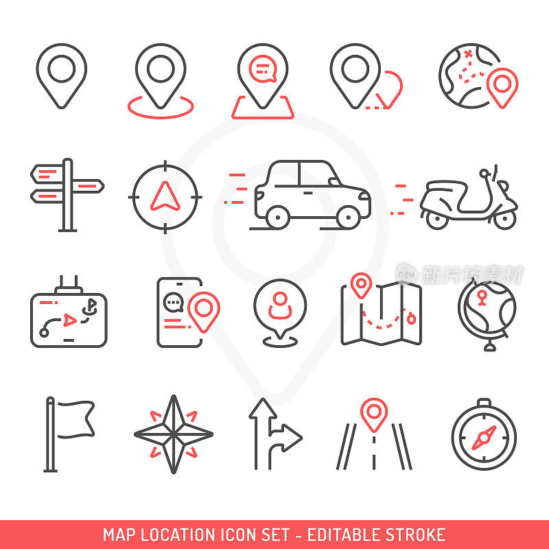 地图位置图标设置可编辑的描边矢量设计。