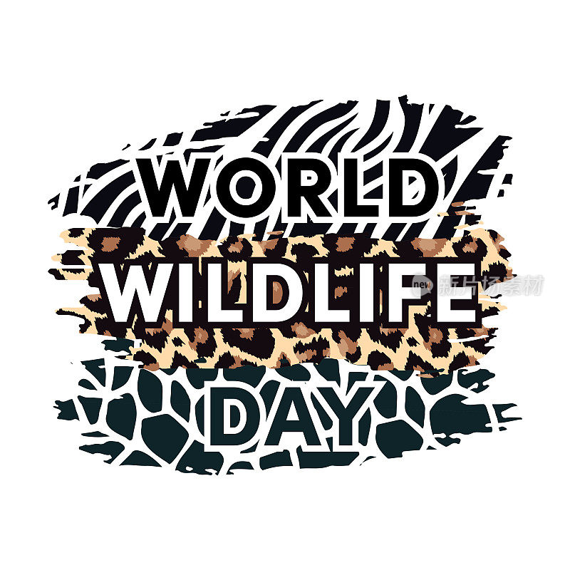 世界野生动物日设计。野生动物保护与保护背景。Grunge豹，斑马和长颈鹿皮肤模板。矢量图