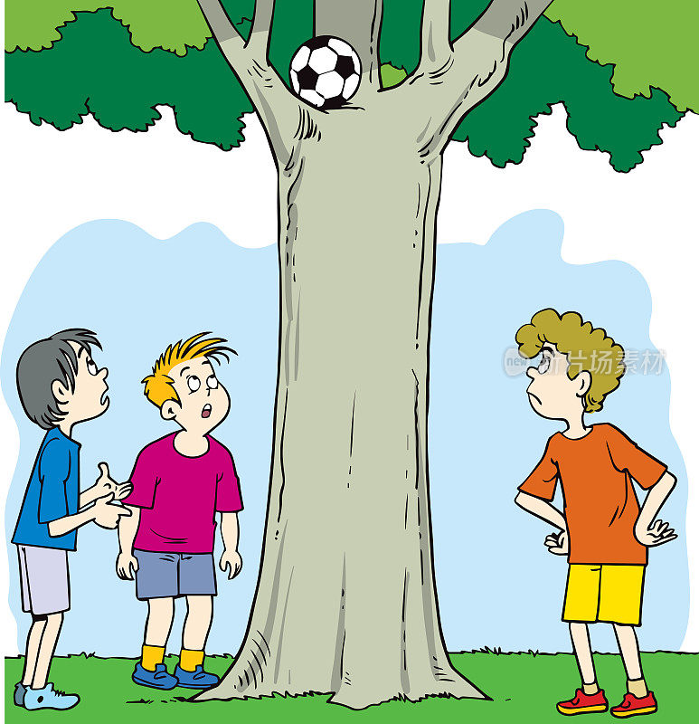 沮丧的孩子们看着卡在树枝上的球