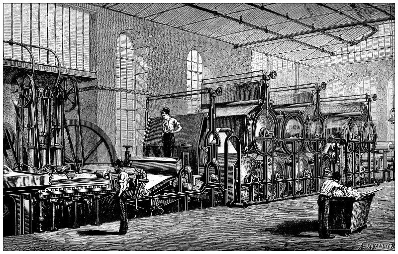 19世纪工业、技术和工艺的古董插图:造纸