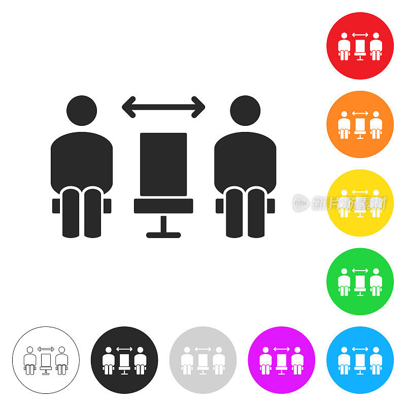 社交距离――坐着的人。按钮上不同颜色的平面图标