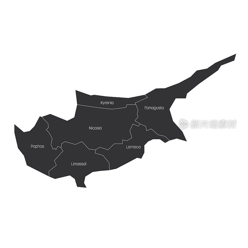 塞浦路斯的地区。区域国家行政区划图。色彩斑斓的矢量图