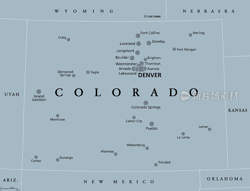 科罗拉多州，灰色政治地图，美国州，百年之州