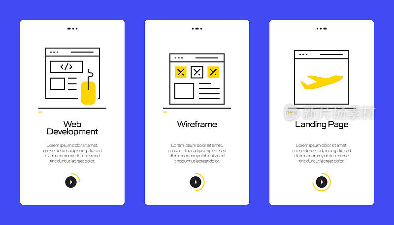 搜索引擎优化概念Onboarding移动应用程序页面屏幕与平面图标。UI设计模板矢量插图