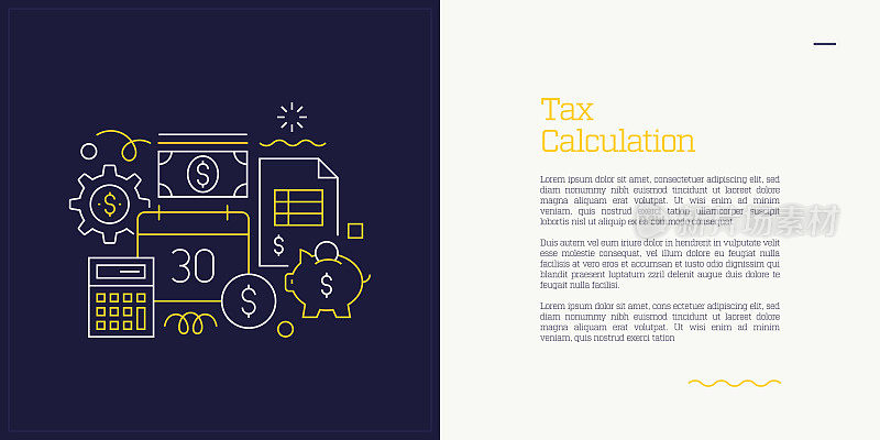 向量集说明纳税计算的概念。线条艺术风格的网页，横幅，海报，印刷等背景设计。矢量插图。