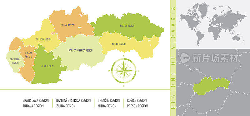 详细地图斯洛伐克与行政区划的国家，彩色矢量插图