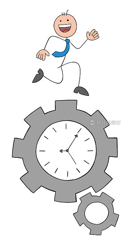 Stickman商人运行与时钟和快乐的旋转齿轮，手绘卡通矢量插图