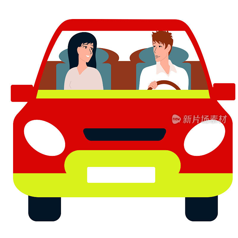 开车。一对相爱的男人和女人开着一辆红色的车。那个人在开车。丈夫和妻子，家庭旅行。平面向量。