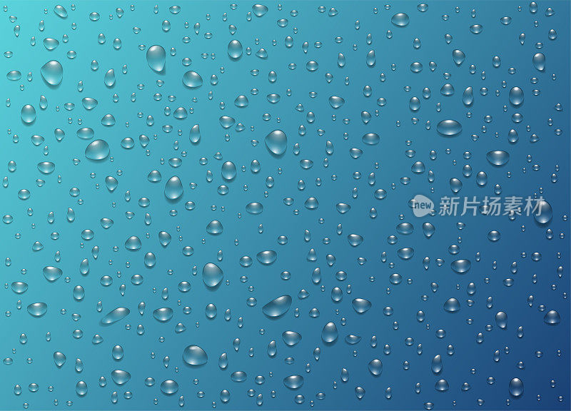 集水为雨滴，纯净的水滴凝结在蓝色的背景上。逼真的矢量插图气泡在窗户玻璃上。