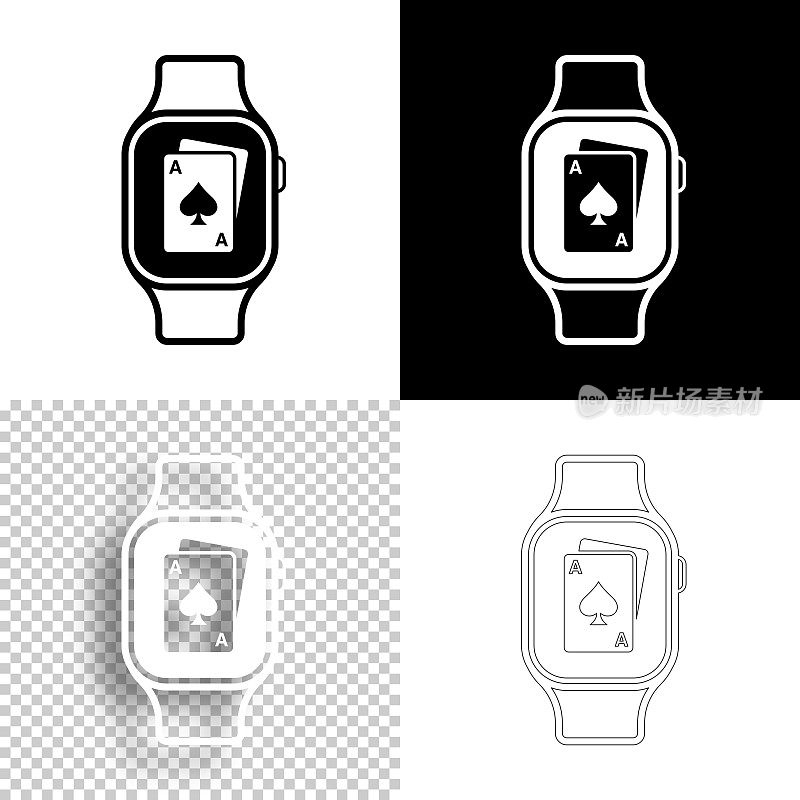 带扑克牌的智能手表。图标设计。空白，白色和黑色背景-线图标