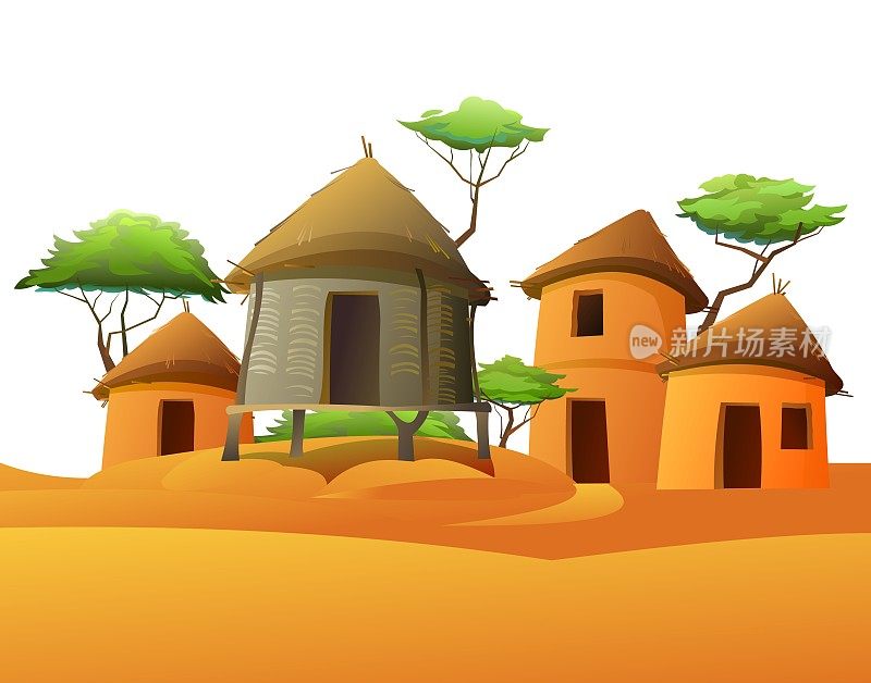 房子的柳条从树枝。非洲的村庄。用粘土和稻草建造的农舍。非洲景观。金合欢树。孤立的白色背景。向量