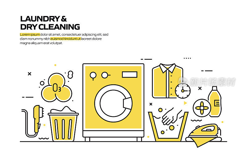 洗衣和干洗概念，线风格矢量插图