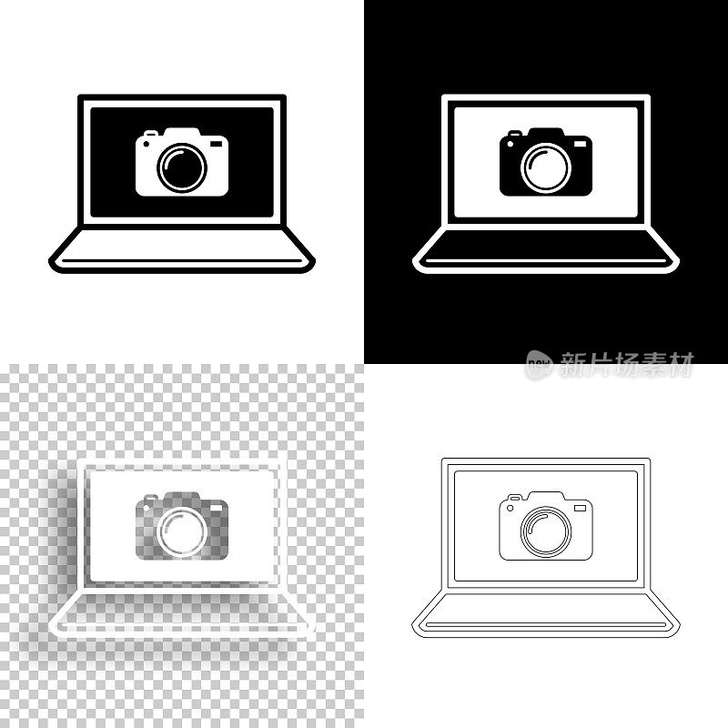 笔记本电脑和相机。图标设计。空白，白色和黑色背景-线图标