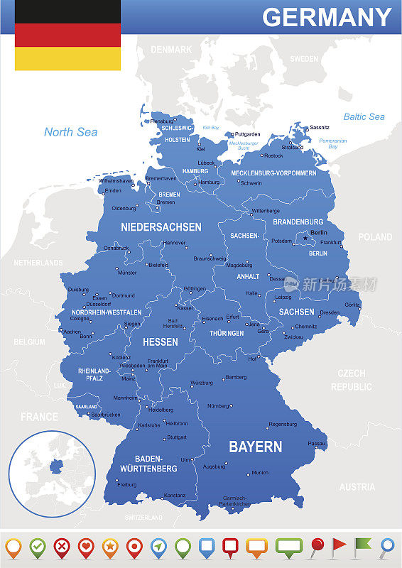 德国地图，旗帜和导航图标-插图