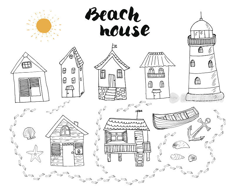 海滩小屋，平房，手绘彩色涂鸦集，矢量插图