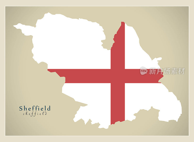 现代城市地图-谢菲尔德与英国国旗插图