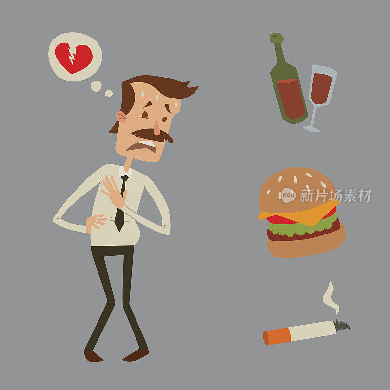 商人心脏病风险男人心脏病发作压力梗死矢量插图吸烟喝酒有害抑郁头晕健康问题