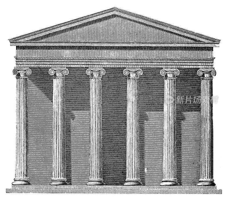 19世纪雕刻的古希腊神庙正面