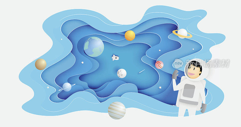 宇航员与宇宙背景在纸艺术风格