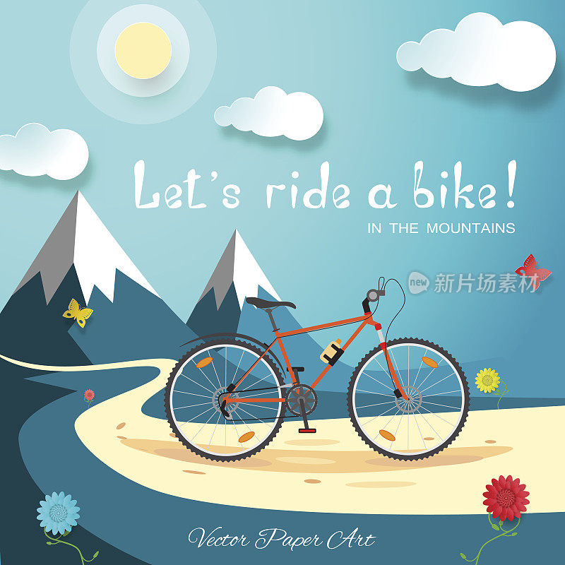 矢量海报的让我们骑自行车在山在梯度蓝色背景与自行车，道路，太阳，云彩，山，花和蝴蝶。