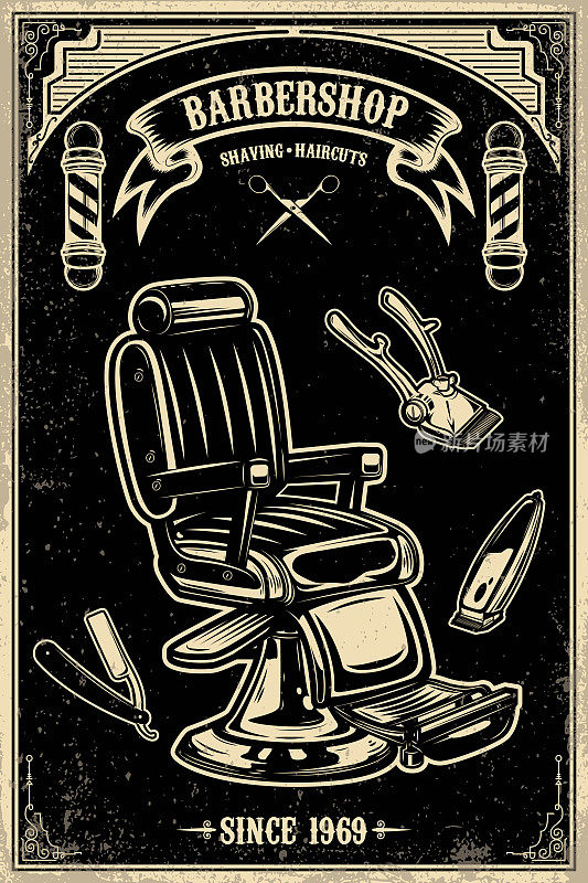 理发店海报模板。理发师的椅子和工具在垃圾背景。