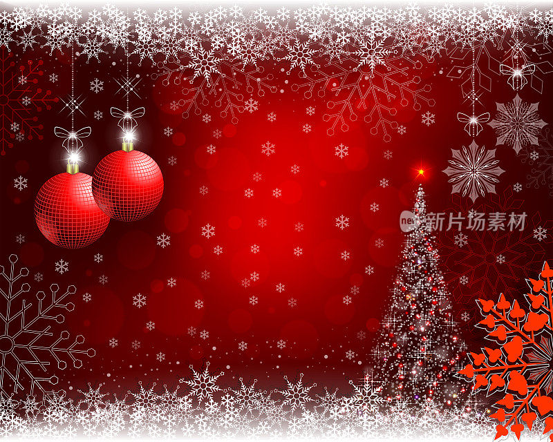 圣诞节的红色背景与红色的雪花和球