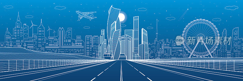 宽阔的公路。城市基础设施全景图，未来城市背景，现代建筑。飞机飞行。蓝色背景上的白线，夜景，矢量设计艺术
