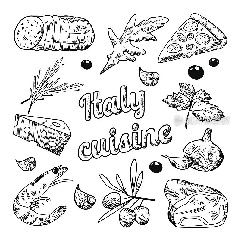 意大利美食手绘涂鸦。比萨奶酪