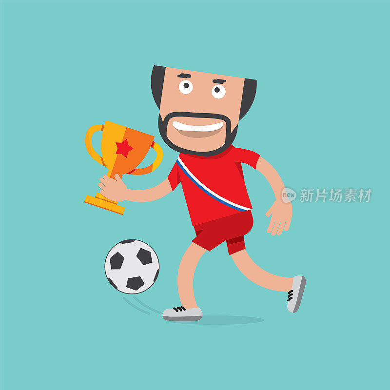 足球运动员在红色衬衫庆祝胜利举行奖杯矢量插图