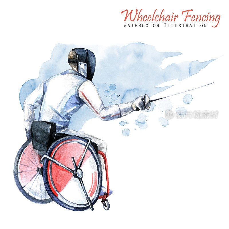 水彩插图。轮椅击剑运动。残疾人运动员的形象在轮椅上与剑。活跃的人。残疾和社会政策。社会支持