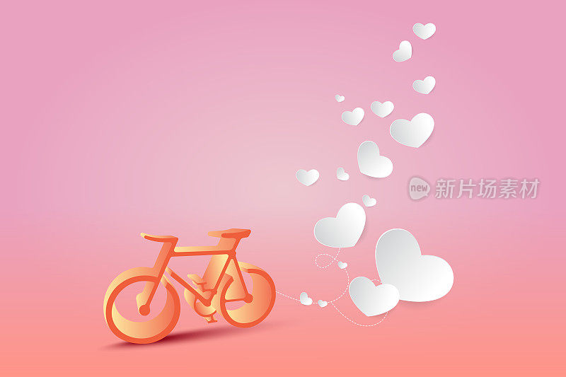 概念情人节情人蜜月-纸心和自行车假日旅行-矢量插图