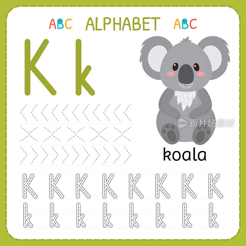 学龄前和幼儿园的字母追踪工作表。写练习字母k的孩子练习