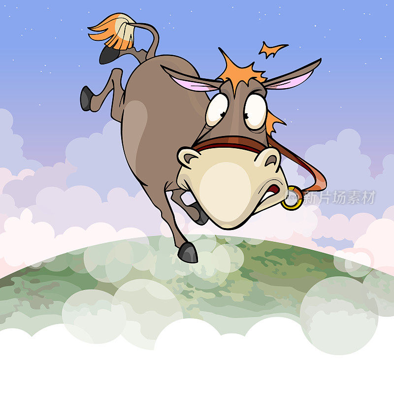 卡通驴子在地球大气层的空气中飞行