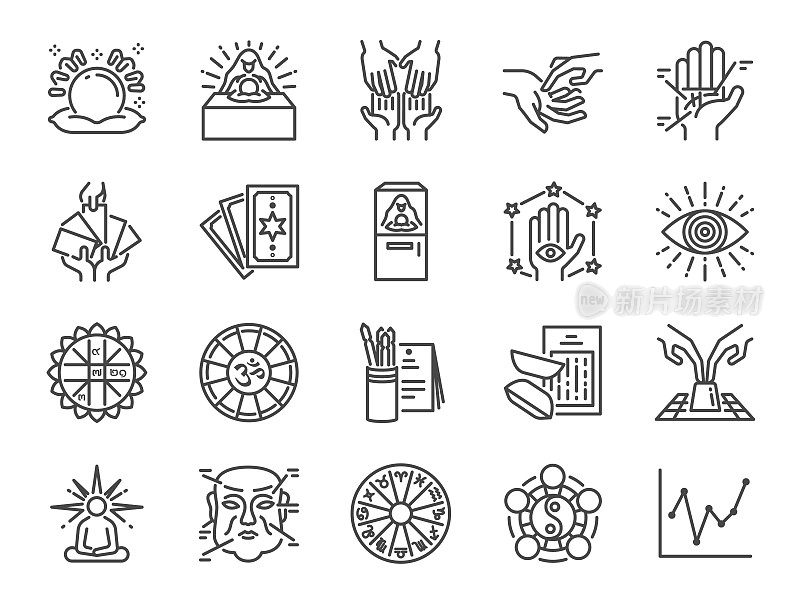 算命线图标集。包括象征财富，塔罗牌，手相，Chi-Chi棍棒，占星术和更多。