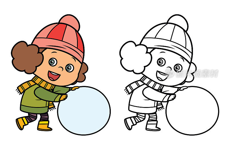 涂色书，女孩和一个雪球