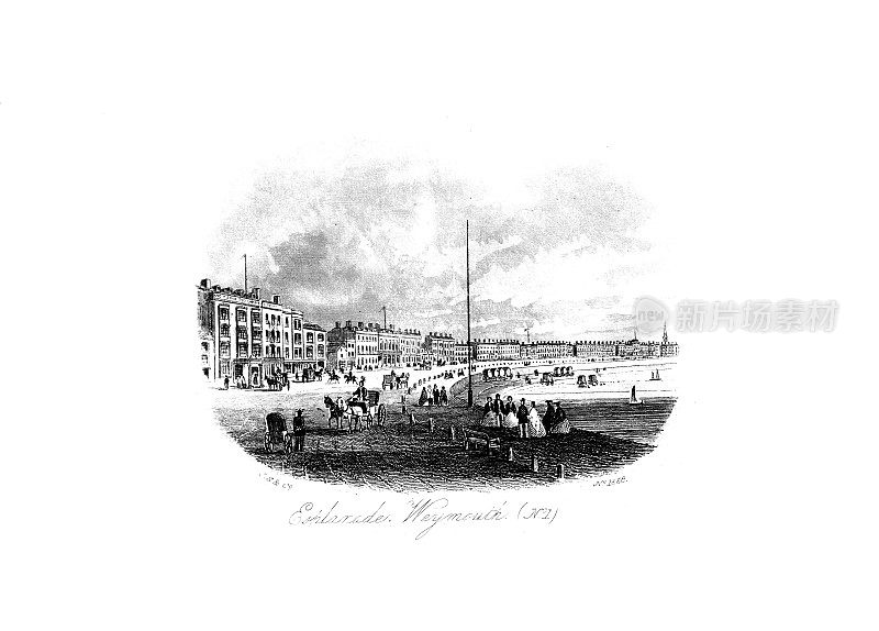 1860年韦茅斯、梅尔库姆里吉斯及周边地区的黑白景观;散步路和湾