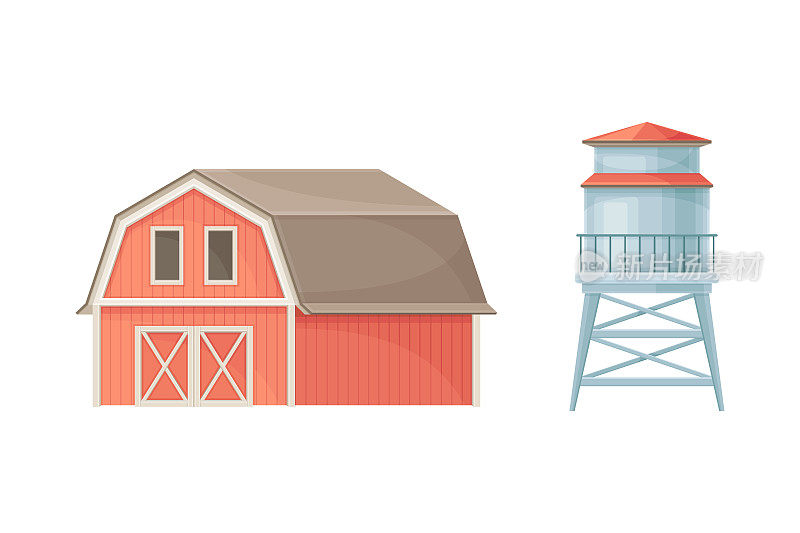 红色的木谷仓和水塔。农场农业建筑矢量插图