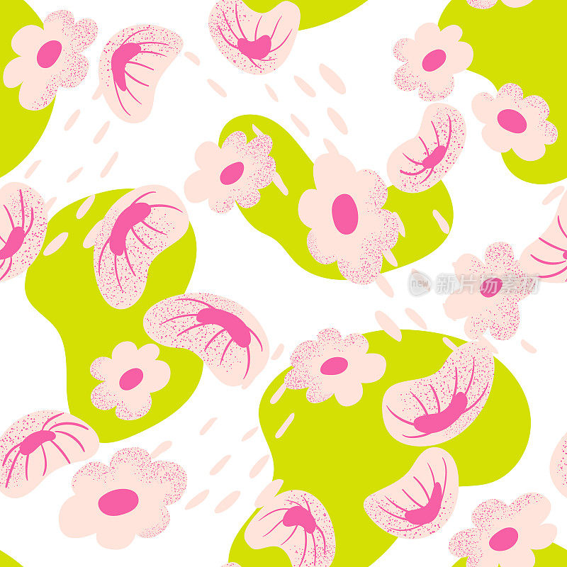 粉色抽象花和有机绿色形状无缝图案。