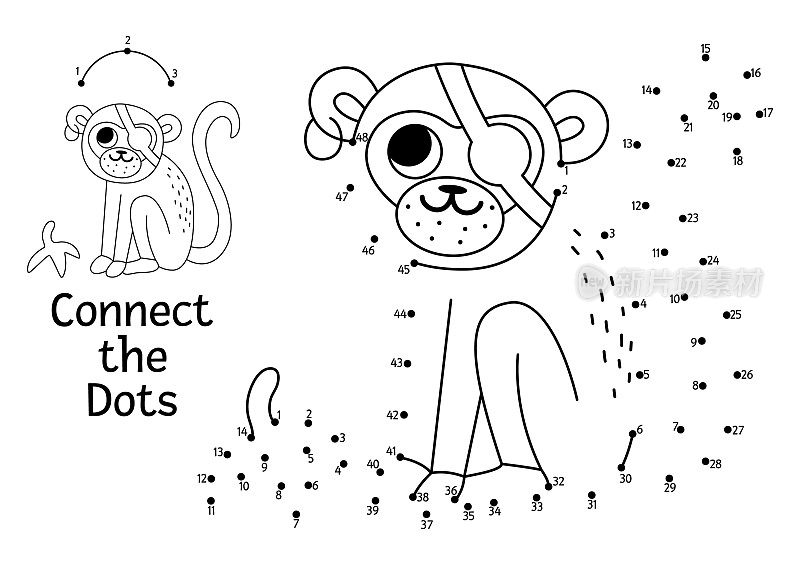 矢量点对点和可爱的海盗猴子颜色活动。金银岛连接点游戏与有趣的动物。海洋冒险彩色页面的孩子。可打印的工作表与数字