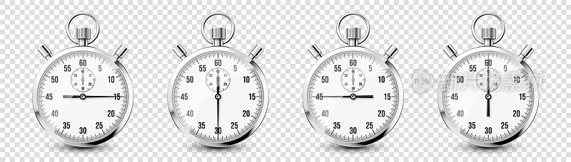 现实的经典秒表图标。闪亮的金属天文钟，带表盘的计时计数器。倒计时计时器显示分和秒。测量运动开始和结束的时间。矢量图