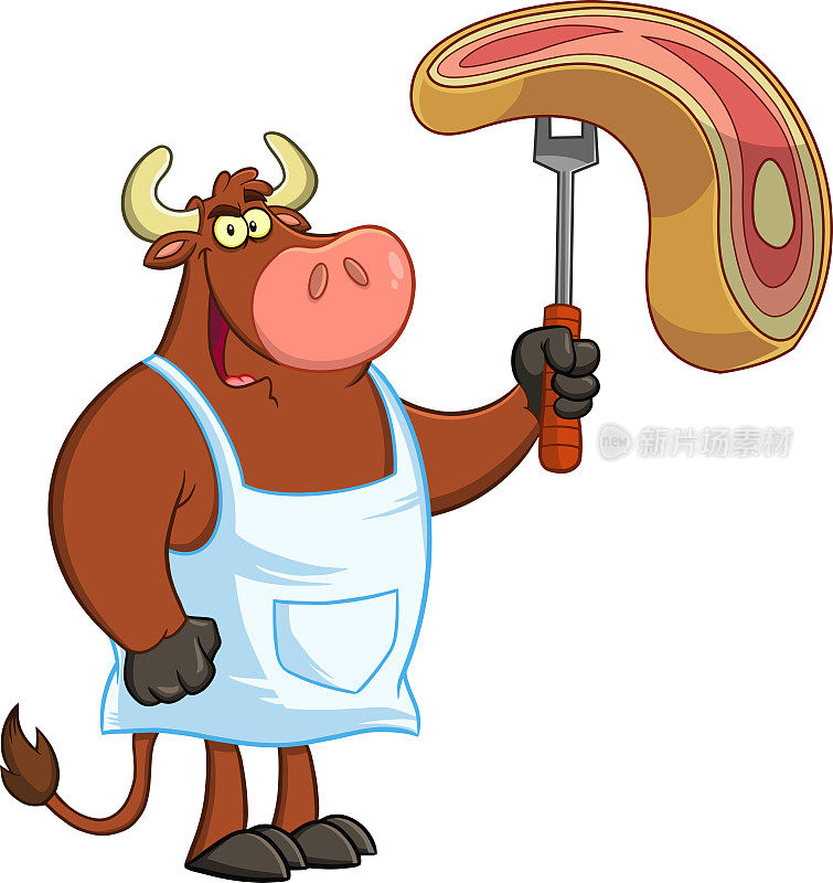 公牛厨师卡通吉祥物角色拿着生牛排在烧烤叉上
