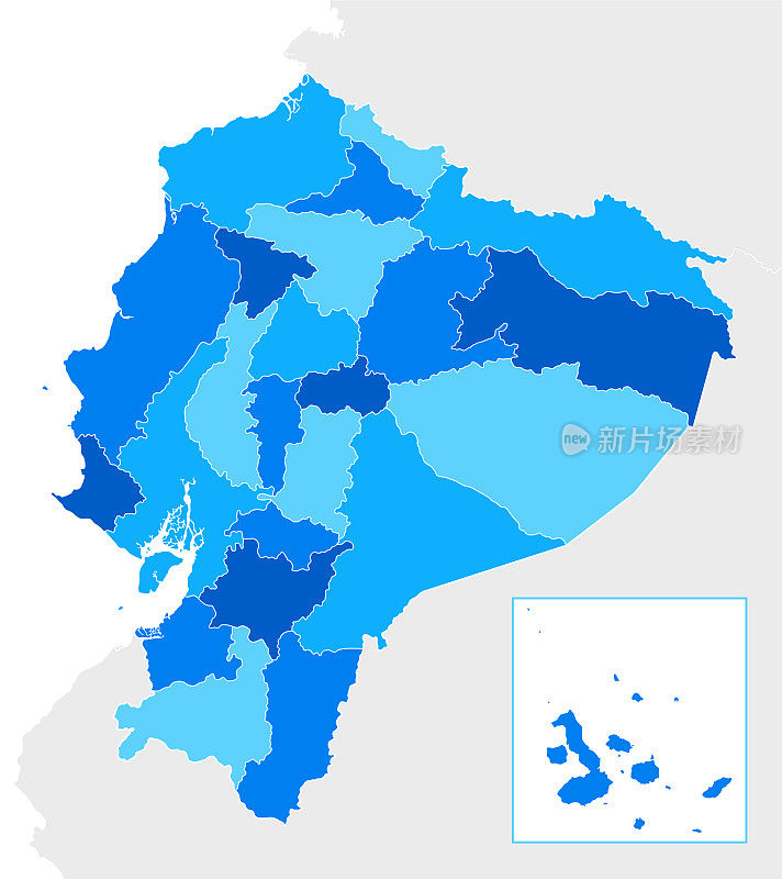 厄瓜多尔高详细的蓝色地图与地区
