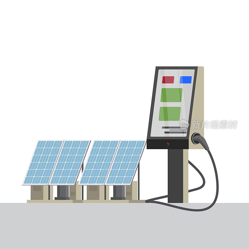 电动汽车在可再生太阳风充电站充电，有许多充电座。