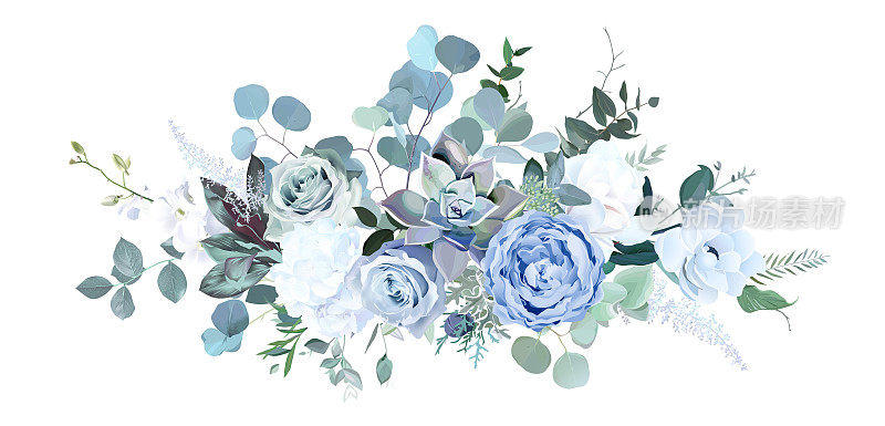 灰蓝色玫瑰，白色绣球花，毛茛，玉兰，海葵，多肉，绿叶，杜松