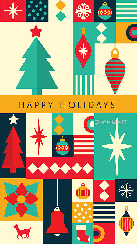 圣诞快乐贺卡平面设计垂直横幅模板与饰品，树木几何形状和简单的图标