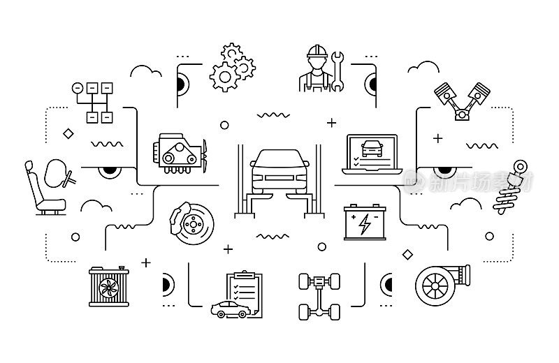 汽车服务相关矢量横幅设计概念，现代线条风格与图标