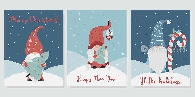 印有斯堪的纳维亚侏儒的圣诞卡。可爱的侏儒女孩和胡子新年侏儒与圣诞树，玩具和焦糖棒。矢量插图。收集彩色贺卡。