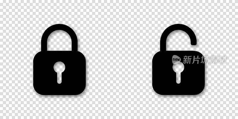 黑色的锁图标。打开和关闭挂锁图标。黑色符号锁定和解锁透明背景与阴影。用于网站或移动应用程序。矢量插图。