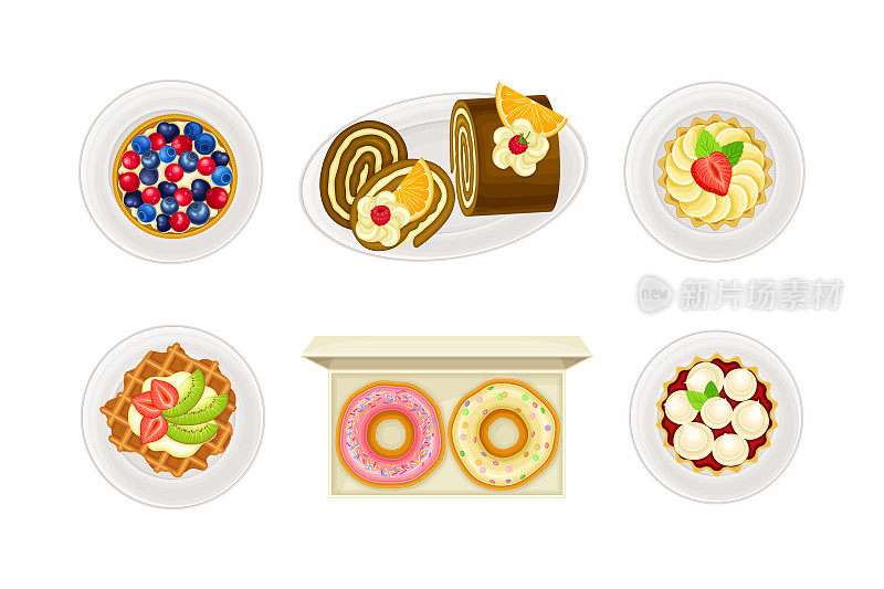 一套美味的甜点。纸杯蛋糕，华夫饼，甜甜圈，卷糖果分类卡通矢量插图